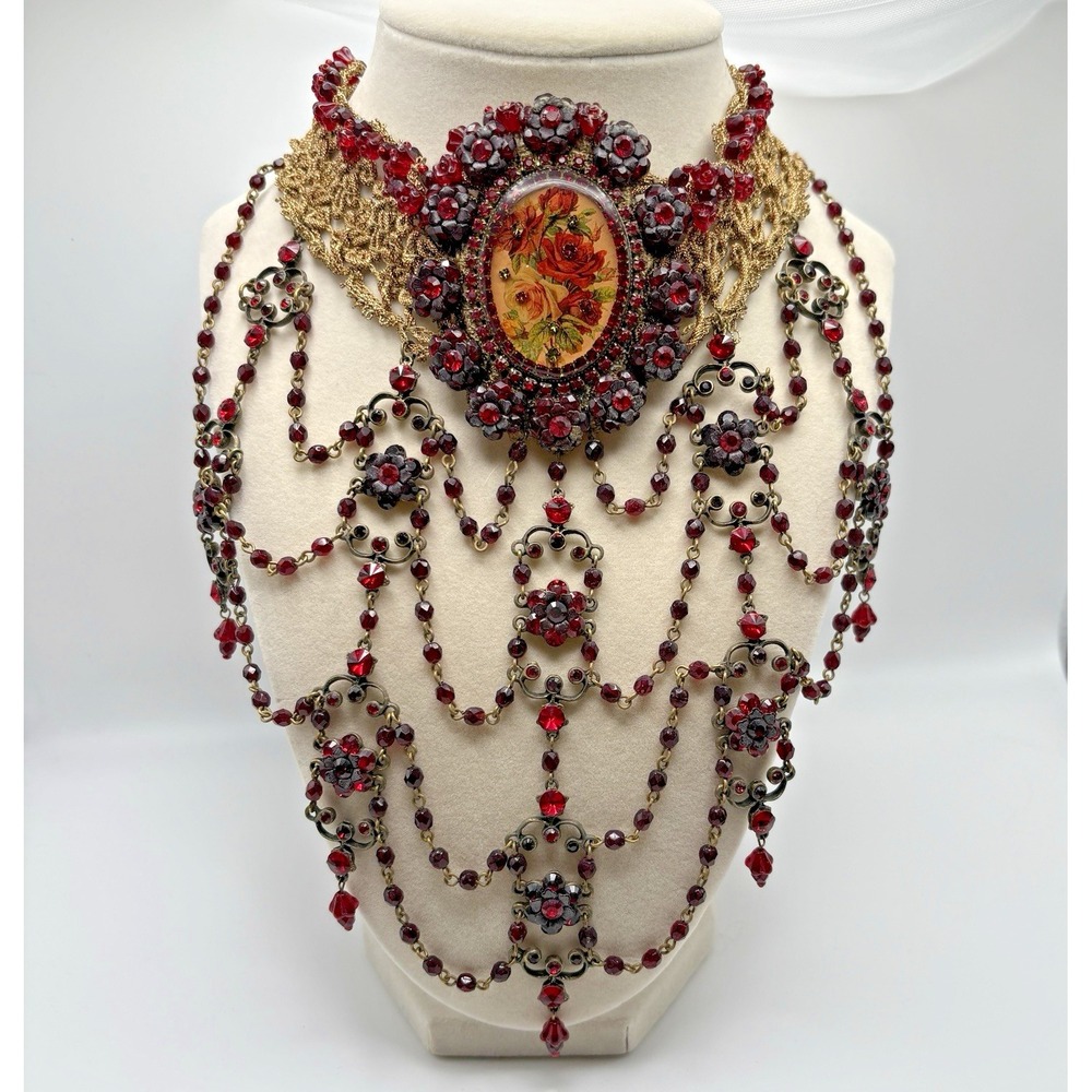 Vintage Michal Negrin Beaded Necklace Floral Victorian Revival Red Needs Repair
